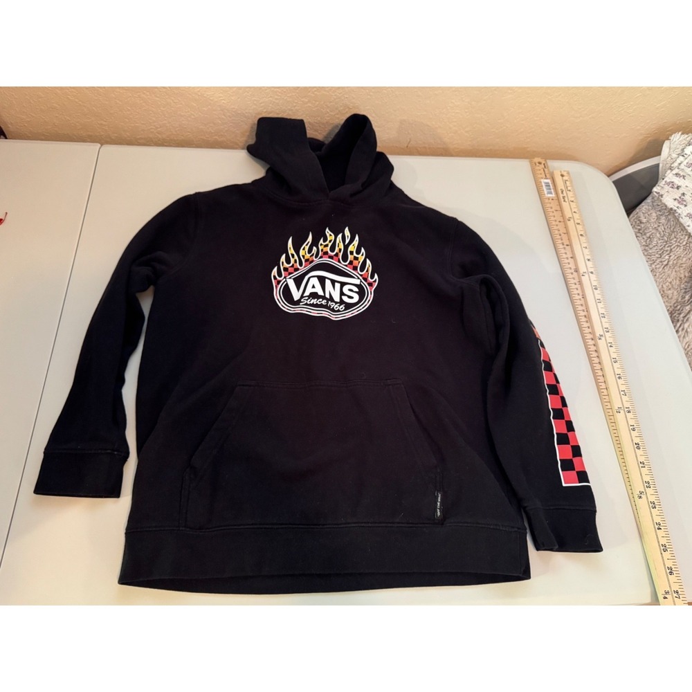 Vans Flame Logo Checkerboard Sleeve Hoodie Mens XL Black Pullover Skate Shirt